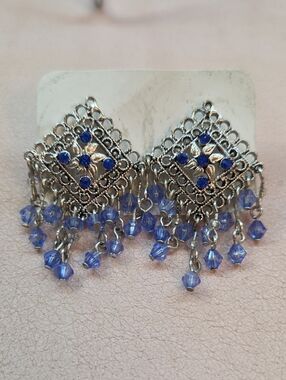 Blue Crystal Dangle Filigree Earrings - Unbranded
